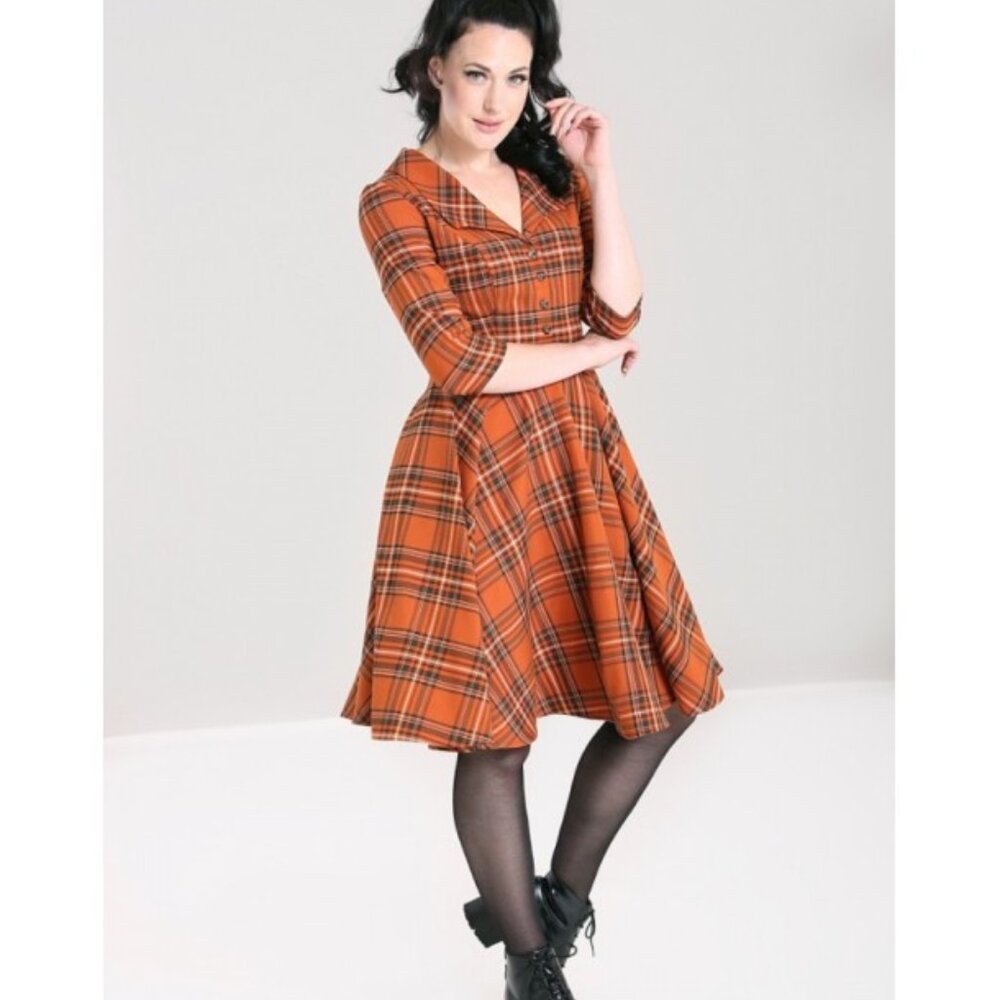 Hell Bunny Tawny Midi Plaid Tartan Autumn Vintage Style Goth Dress SOLD OUT